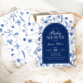 Invitation Floral Baby Boy Douche Chinoiserie Marine Bleu