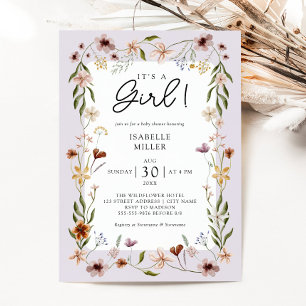 Invitation Floral Baby Girl Douche pourpre