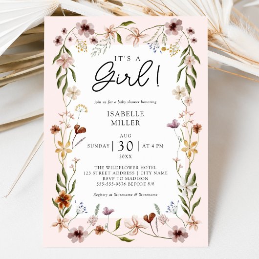 Invitation Floral Baby Girl Douche rose