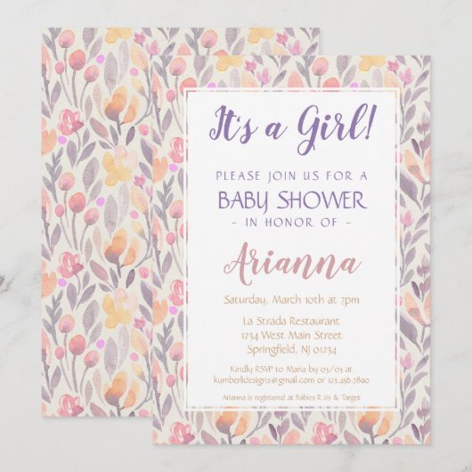 Invitation Floral Baby Girl Shower (Devant / Derrière)