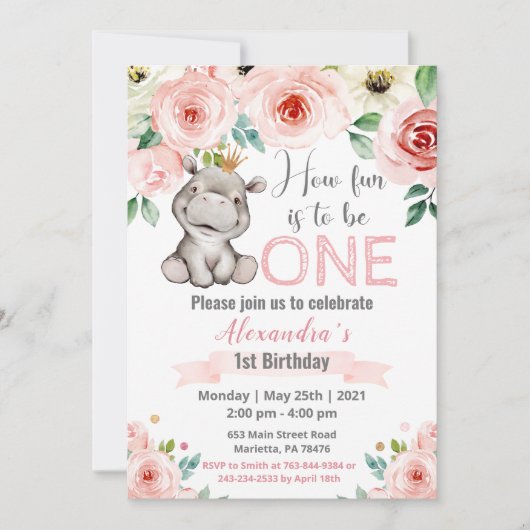 Invitation Floral Baby Hippo Princess Anniversaire (Devant)