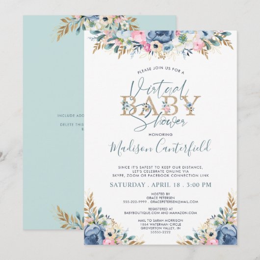 Invitation Floral Baby shower virtuel Marine Blue Turquoise G (Devant / Derrière)
