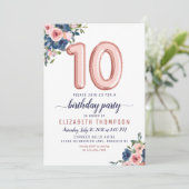 Invitation Floral Balloon Blush Rose Gold Navy Dixième annive (Debout devant)