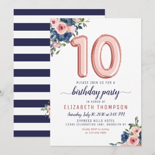 Invitation Floral Balloon Blush Rose Gold Navy Dixième annive (Devant / Derrière)