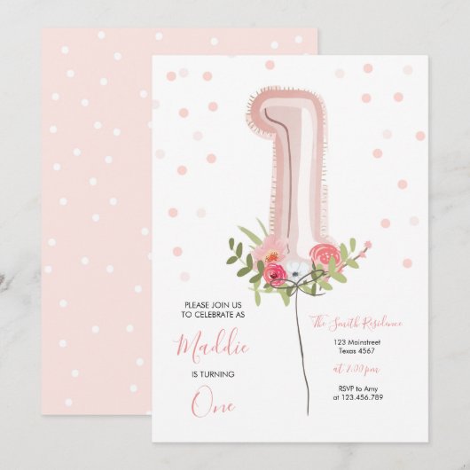 Invitation Floral Balloon Premier Anniversaire Fil (Devant / Derrière)