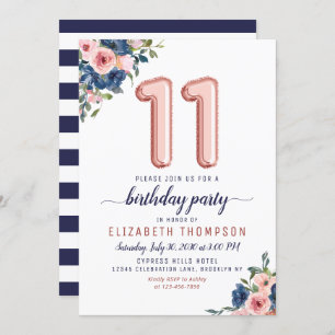Invitation Floral Balloon Rose Gold Blush Navy 11e anniversai