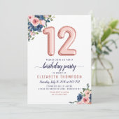 Invitation Floral Balloon Rose Gold Blush Navy 12e anniversai (Debout devant)