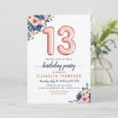 Invitation Floral Balloon Rose Gold Blush Navy 13e anniversai (Debout devant)
