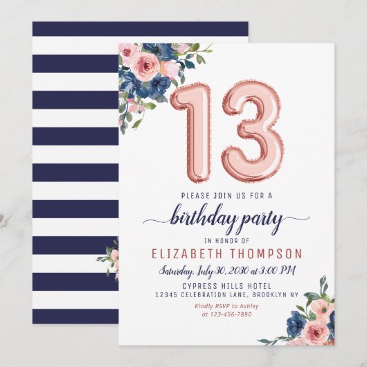 Invitation Floral Balloon Rose Gold Blush Navy 13e anniversai (Devant / Derrière)