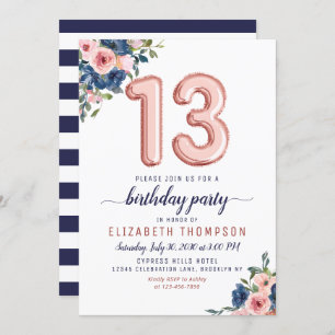 Invitation Floral Balloon Rose Gold Blush Navy 13e anniversai