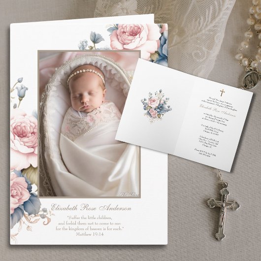 Invitation Floral Baptême Baby Photo Scripture Croix