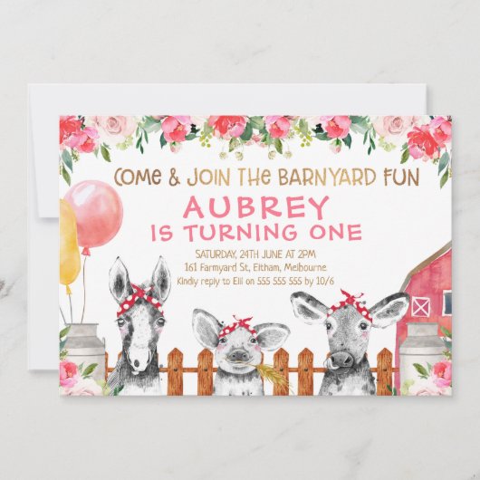 Invitation Floral Barnyard Animaux de ferme Anniversaire Invi (Devant)