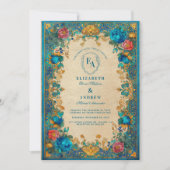 Invitation Floral baroque et Mariage Motif Turquoise (Devant)