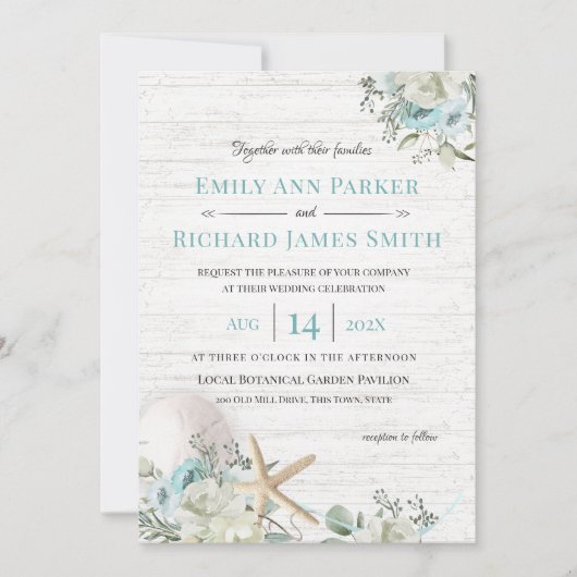 Invitation Floral Beach Driftwood Mariage (Devant)