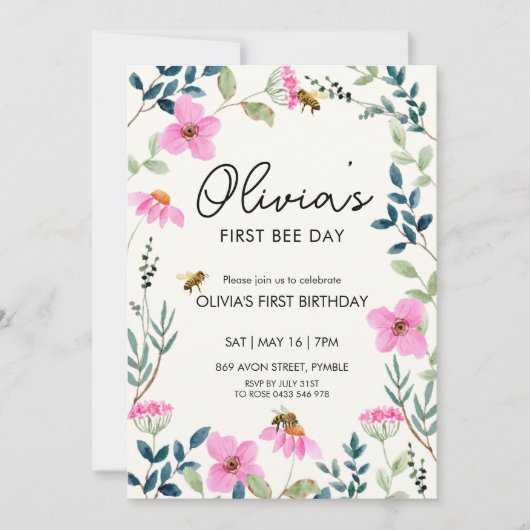 Invitation Floral Bee Premier anniversaire (Devant)