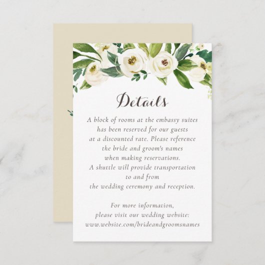Invitation Floral Beige Blanc Vert Élégant Détails Crest (Devant / Derrière)
