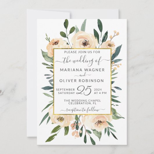 Invitation Floral Beige Blush Rose or sur Mariage blanc (Devant)