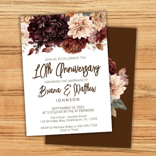 Invitation Floral beige Brown 10e anniversaire Mariage