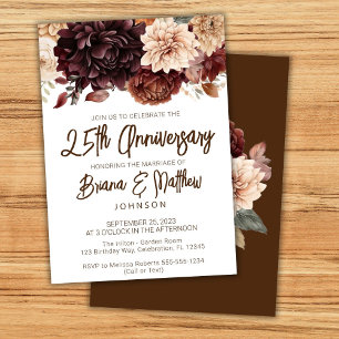 Invitation Floral beige Brown 25e anniversaire du Mariage