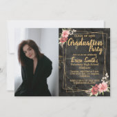 Invitation Floral Black And Gold Photo Graduation Party (Devant)