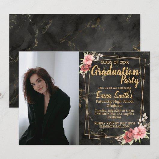 Invitation Floral Black And Gold Photo Graduation Party (Devant / Derrière)