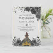 Invitation Floral Black Gold Princesse Anniversaire Quinceane (Debout devant)