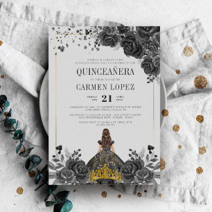 Invitation Floral Black Gold Princesse Anniversaire Quinceane