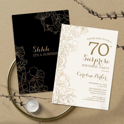 Invitation Floral Black Gold Surprise 70e fête d'anniversaire