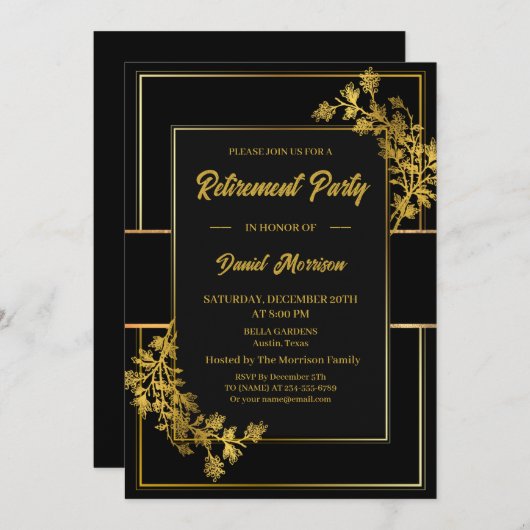Invitation Floral Black Gold Surprise Retraite Party 2024 (Devant / Derrière)