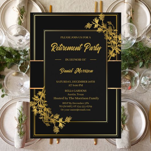 Invitation Floral Black Gold Surprise Retraite Party 2024