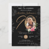 Invitation Floral Black Photo 90th Surprise Birthday Party (Devant)