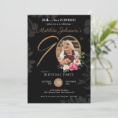 Invitation Floral Black Photo 90th Surprise Birthday Party (Debout devant)