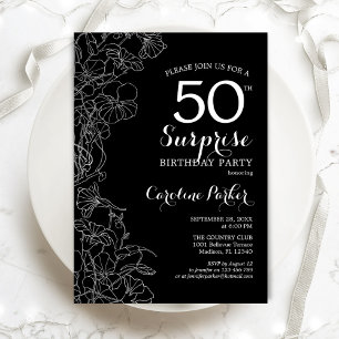 Invitation Floral Black White Surprise 50e fête d'anniversair