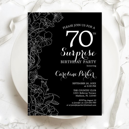 Invitation Floral Black White Surprise 70e anniversaire