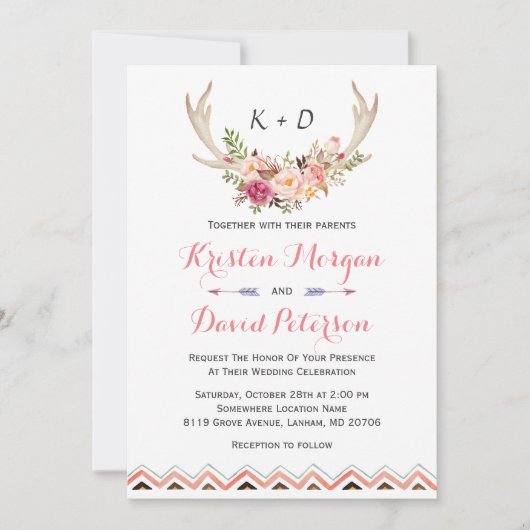 Invitation Floral Blanc Antler Ethnic Boho Decor Mariage (Devant)
