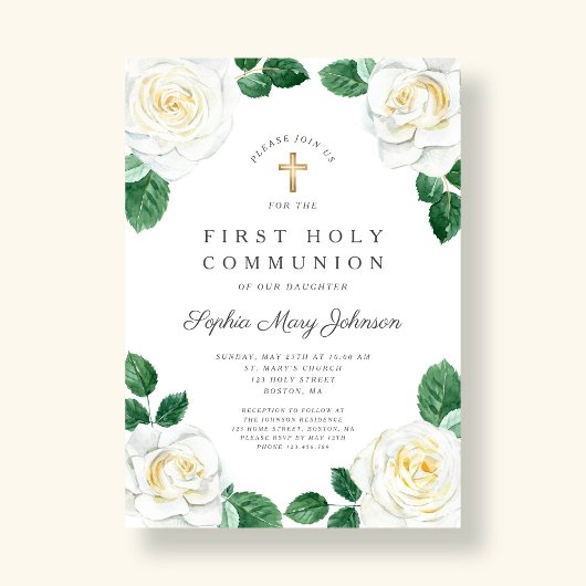 Invitation Floral Blanc Aquarelle Rose Fille Première Communi