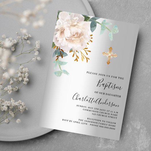 Invitation Floral blanc argent vert croix baptême