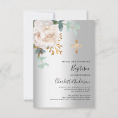 Invitation Floral blanc argent vert croix baptême (Devant)