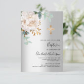 Invitation Floral blanc argent vert croix baptême (Debout devant)