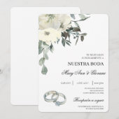 Invitation Floral blanc avec anneau argenté Mariage espagnol (Devant / Derrière)