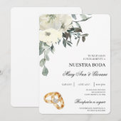 Invitation Floral blanc avec anneau d'or Mariage espagnol (Devant / Derrière)