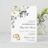 Invitation Floral blanc avec anneau d'or Mariage espagnol (Debout devant)
