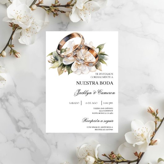 Invitation Floral blanc avec anneau Mariage espagnol