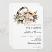 Invitation Floral blanc avec Mariage anneau (Devant / Derrière)