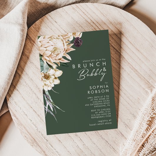 Invitation Floral blanc | Brunch vert foncé et bulle