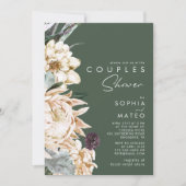 Invitation Floral blanc | Douche Couples Vert foncé (Devant)