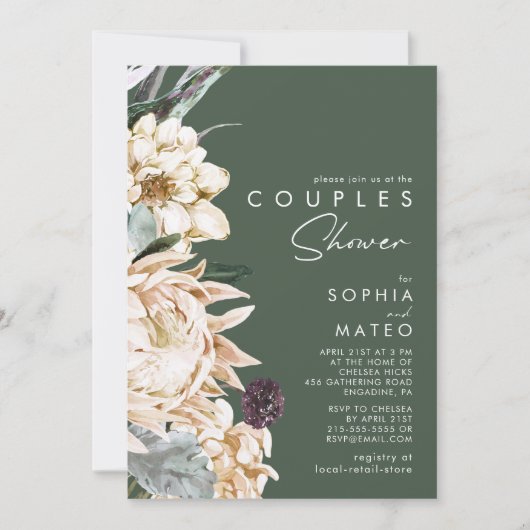 Invitation Floral blanc | Douche Couples Vert foncé (Devant)