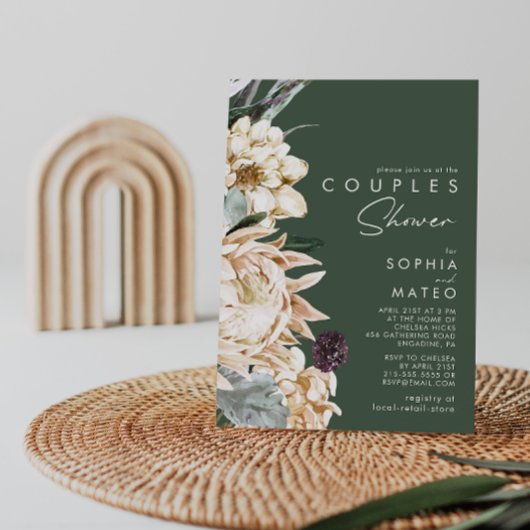 Invitation Floral blanc | Douche Couples Vert foncé