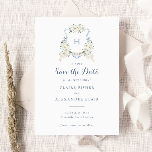 Invitation Floral Blanc Dusty Blue Crest Enregistrer la date