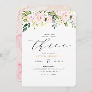 Invitation Floral blanc et Eucalyptus Girl 3e anniversaire